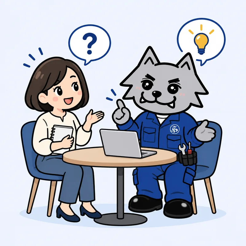 フリボンくんと架空のお客様が、ノートPCを囲んで仕事の困りごとを相談するイラスト
