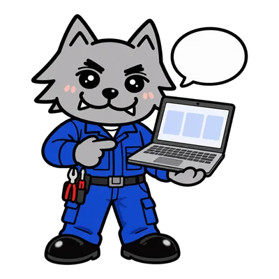 ノートパソコンを指さすフリボンくんと、空の吹き出しのイラスト