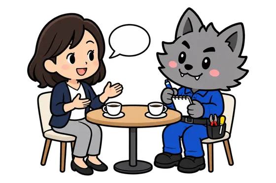 テーブルで話す女性の相談を、メモを取りながら聞くフリボンくんのイラスト