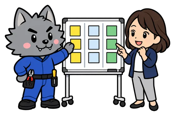ホワイトボードの付せんを、女性と一緒に並べて整理するフリボンくんのイラスト