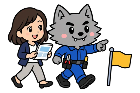 タブレットを持つ女性と並んで、旗のほうへ歩き出すフリボンくんのイラスト