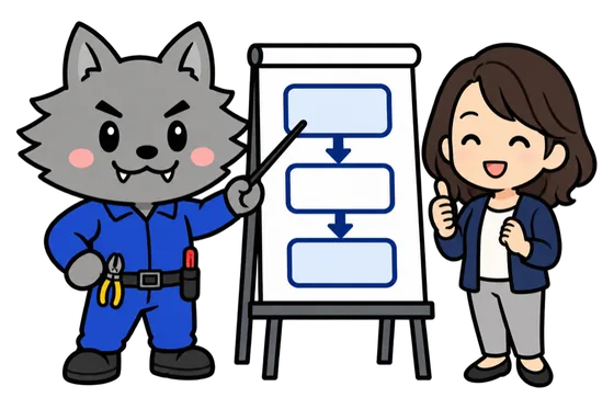 図を描いたボードを指して説明するフリボンくんと、親指を立てる女性のイラスト