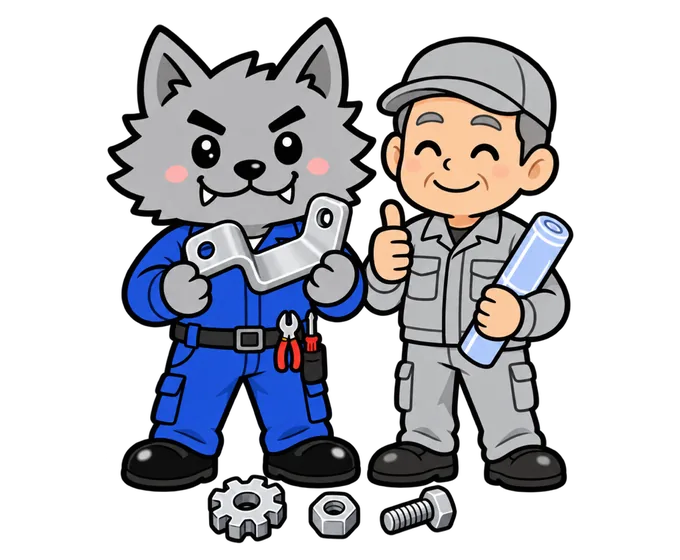 ステンレスの部品を掲げるフリボンくんと、図面を持って親指を立てる職人さんのイラスト