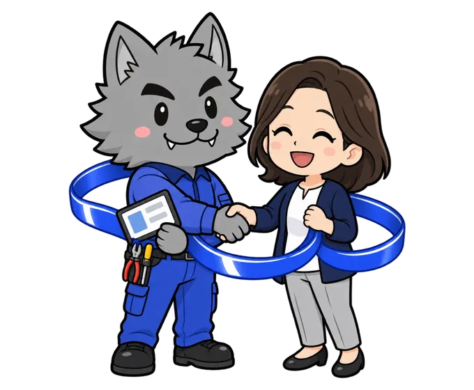 女性と握手するフリボンくんと、二人を包むリボンのイラスト
