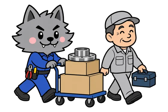 荷物と部品を台車で運ぶフリボンくんと、工具箱を持って並んで歩く職人さんのイラスト