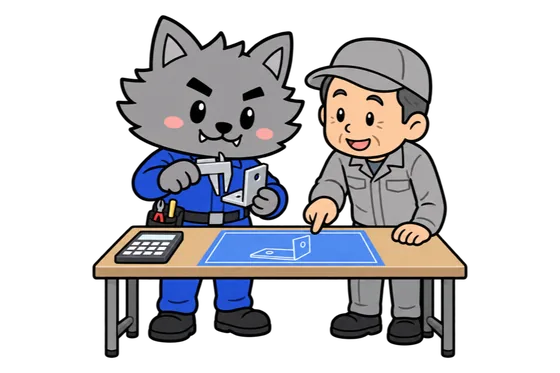 図面を指す職人さんの横で、ノギスで部品を測るフリボンくんのイラスト