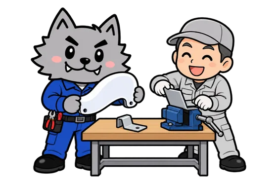 白いFRPの部品を掲げるフリボンくんと、作業台の万力でステンレス板を曲げる職人さんのイラスト