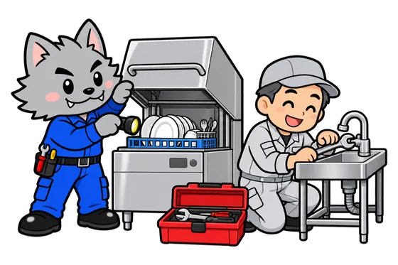 業務用食洗機をライトで点検するフリボンくんと、流し台の水栓をレンチで締める職人さんのイラスト