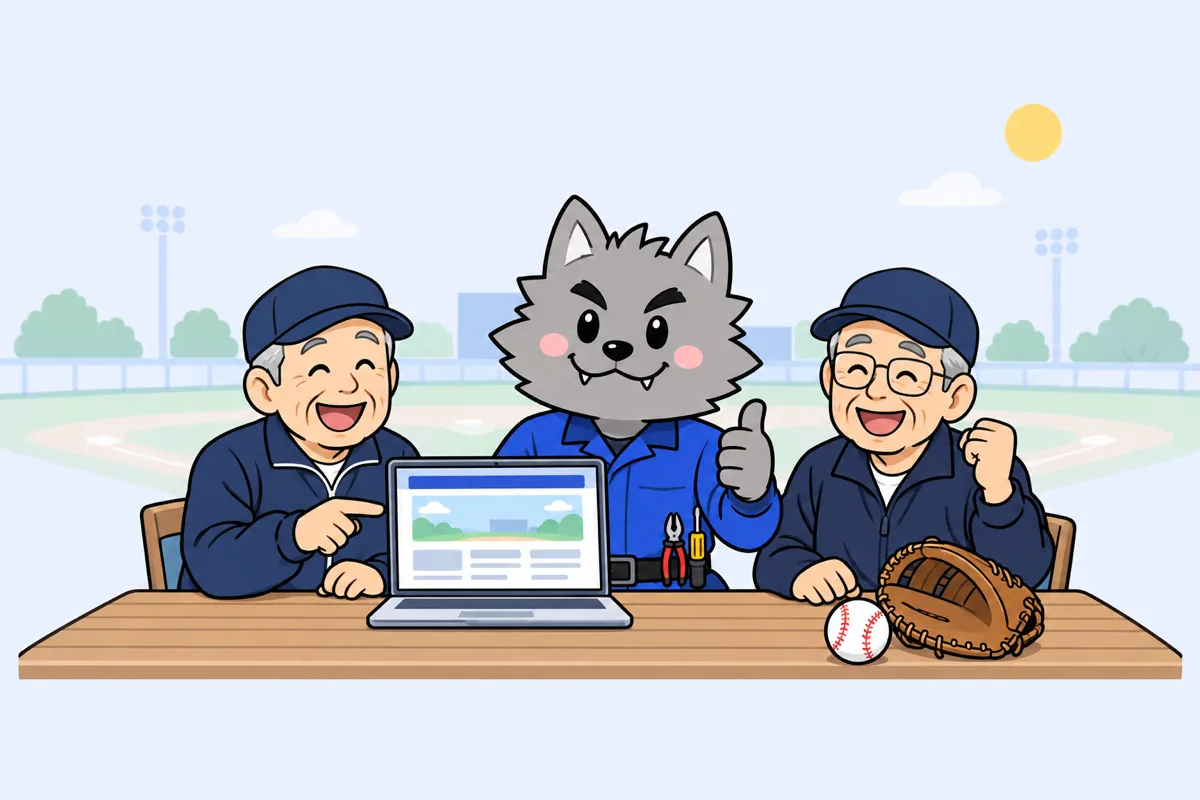 フリボンくんと野球帽の年配の男性2人が、ノートパソコンでホームページを見ながら笑い合うイラスト