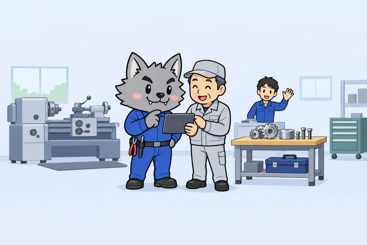 町工場で、フリボンくんと作業着の職人さんがタブレットを見ながら相談しているイラスト