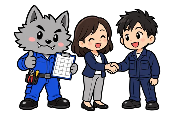 新しい社員と握手する女性の横で、予定表を持って親指を立てるフリボンくんのイラスト