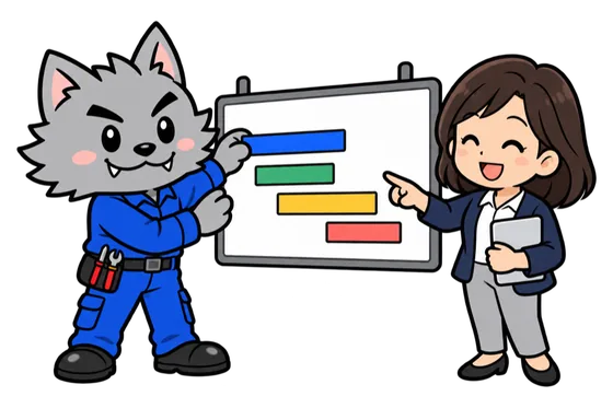 予定表のボードを指す女性の横で、色の帯を並べ替えるフリボンくんのイラスト