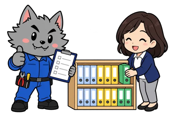 棚にファイルを並べる女性の横で、チェックリストを持って親指を立てるフリボンくんのイラスト