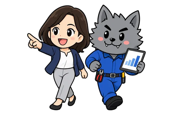 前を指して歩く女性と、上向きのグラフを映すタブレットを持って並んで歩くフリボンくんのイラスト