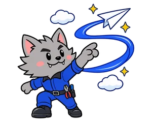 フリボンくんが飛ばした紙飛行機が、リボンの軌跡を描いて空へ飛んでいくイラスト