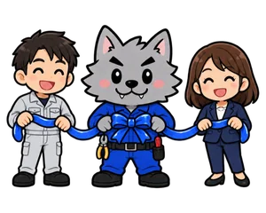 職人と会社員とフリボンくんが1本のリボンでつながり、真ん中で結ぶイラスト
