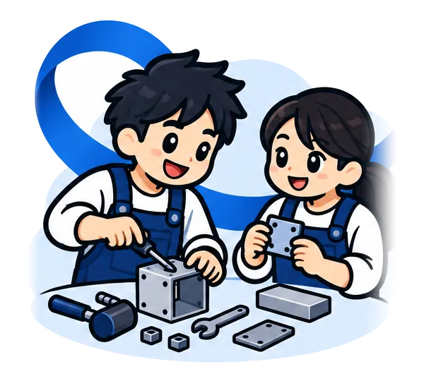 作業着の二人が、金属の部品を組み立てるものづくりのイラスト