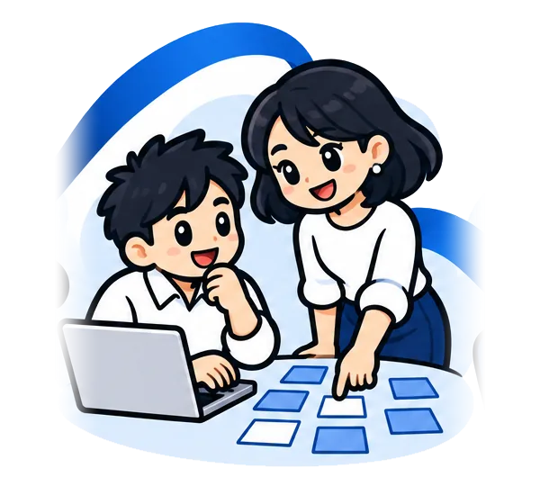ノートPCと付せんを使って、二人で仕事の進め方を整理するイラスト