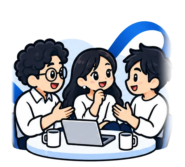 テーブルを囲んで、三人が楽しそうに話し合うイラスト