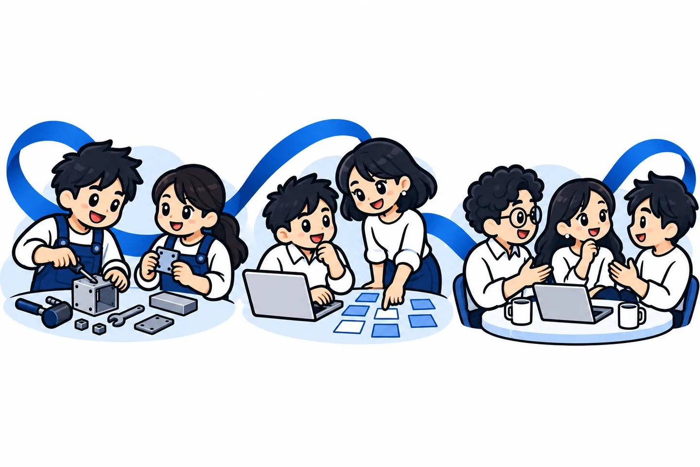 ものづくり・仕事の支援・人のつながりを青いリボンで結んだ、親しみやすい人物イラスト